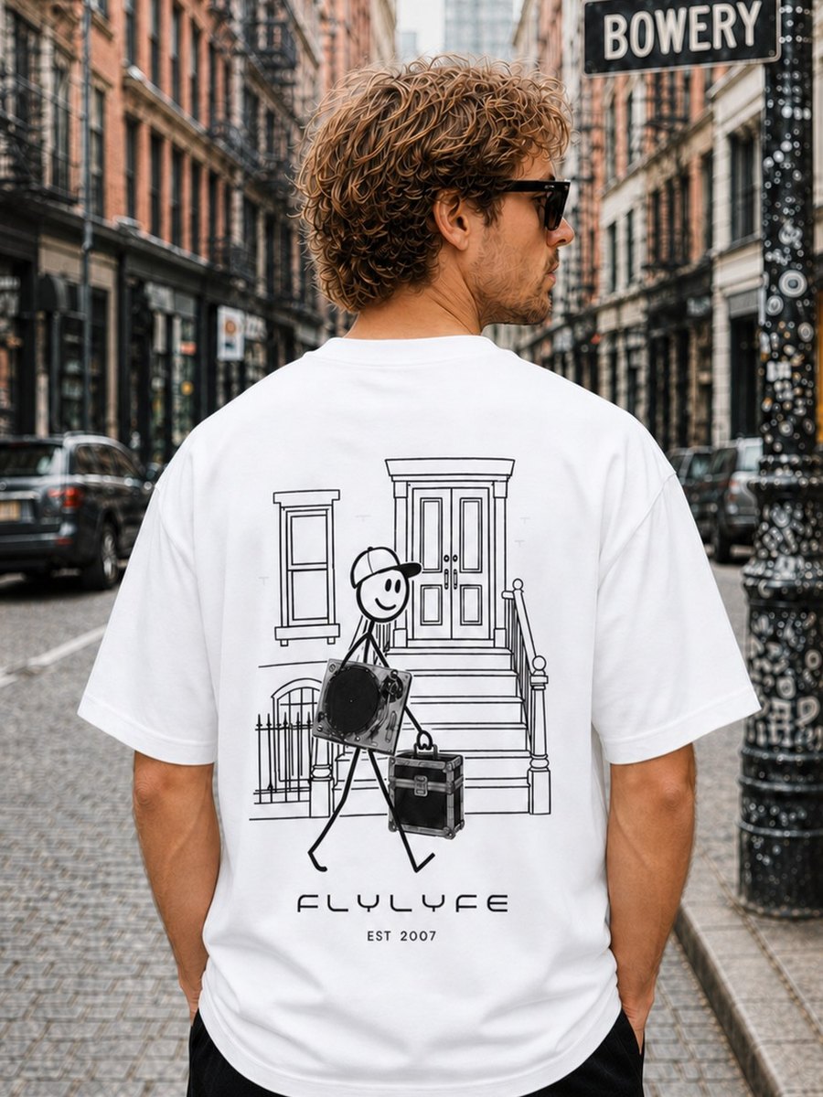 The Brownstone DJ Tee worn on the Bowery — FLYLYFE men's heavyweight tee