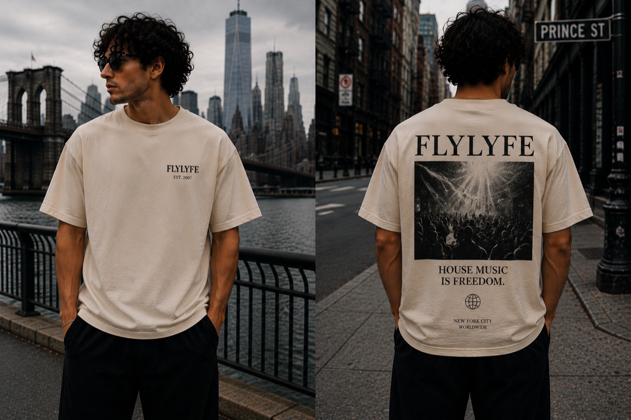 FLYLYFE House Music Is Freedom tee — front and back, worn on a model in NYC