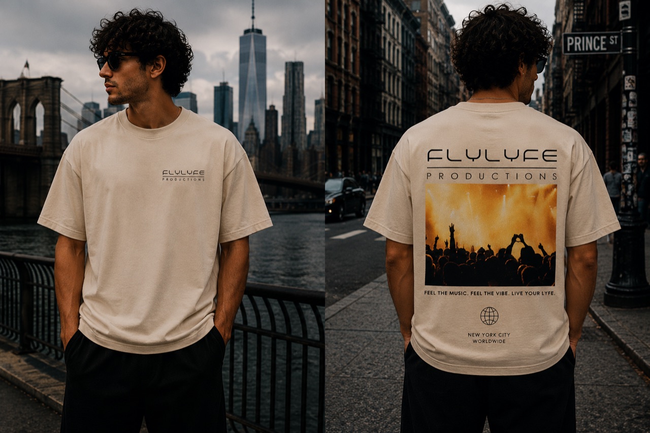 FLYLYFE Productions tee — front and back, worn on a model in NYC