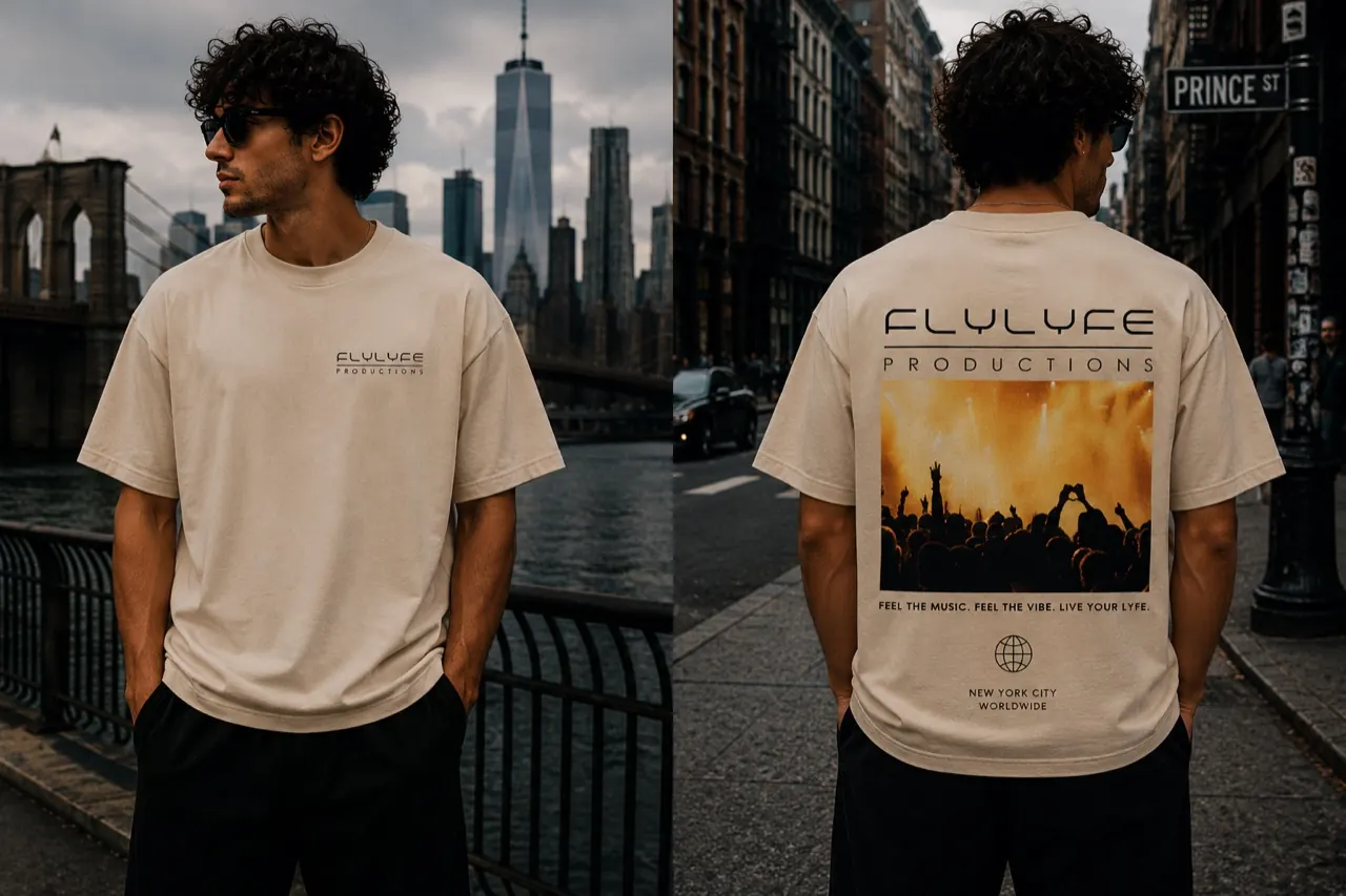 FLYLYFE Productions tee — front and back, worn on a model in NYC