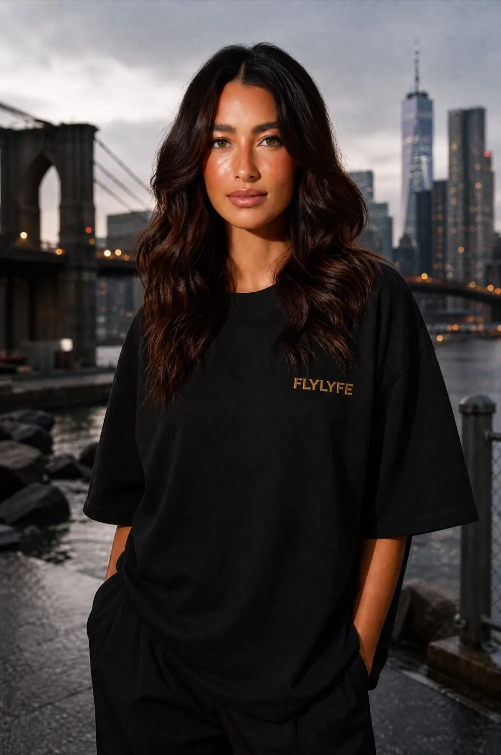 FLYLYFE women's black relaxed tee, front, worn by model Wren on the Brooklyn waterfront