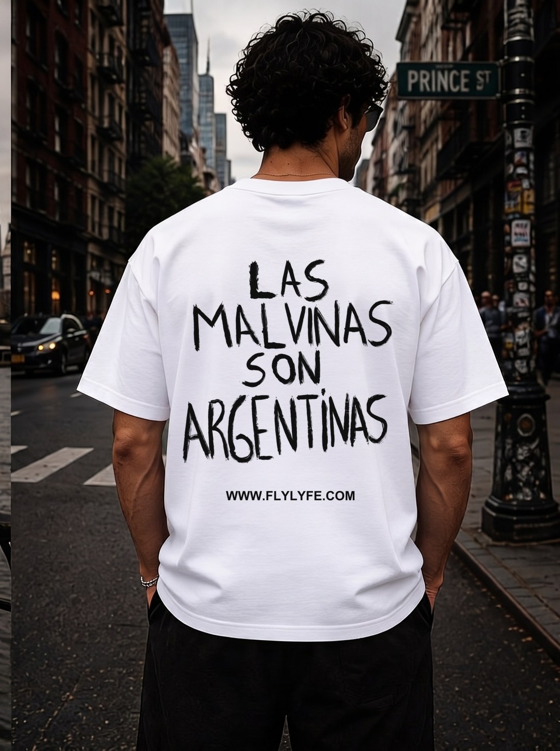 FLYLYFE Las Malvinas Campeones Tee — three gold stars and the Malvinas on the chest, hand-painted lettering on the back
