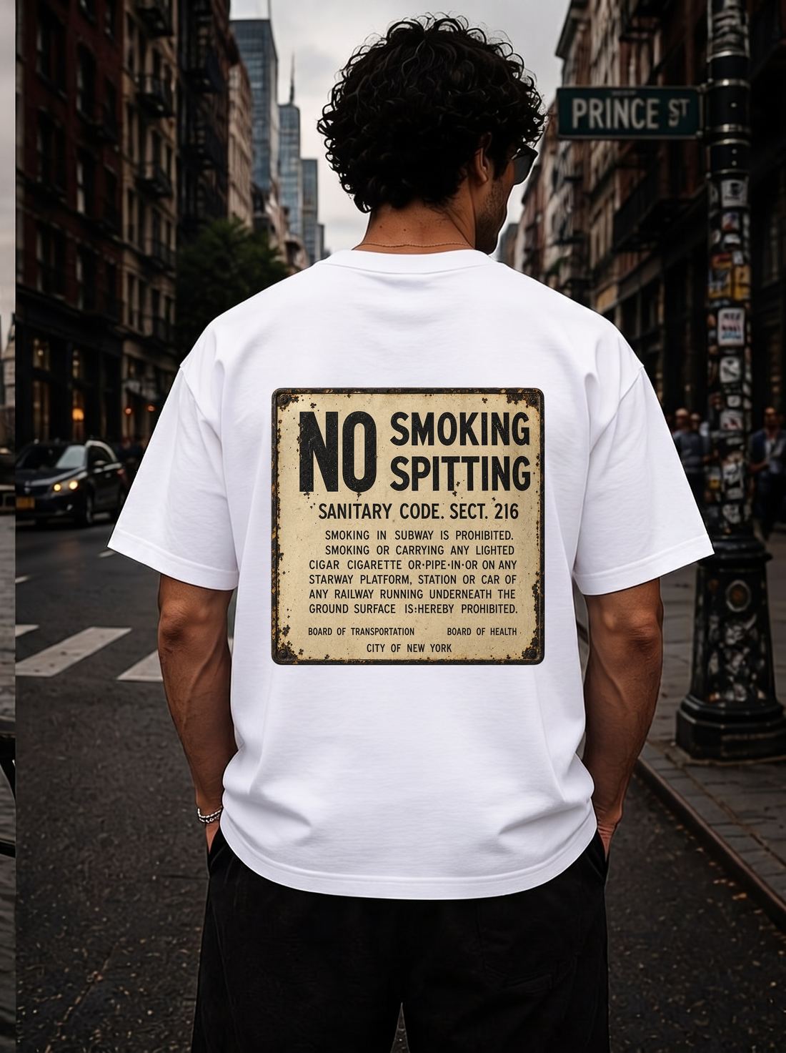 White FLYLYFE Sanitary Code tee with vintage NYC subway 'No Smoking, No Spitting' sign in aged rust lettering.