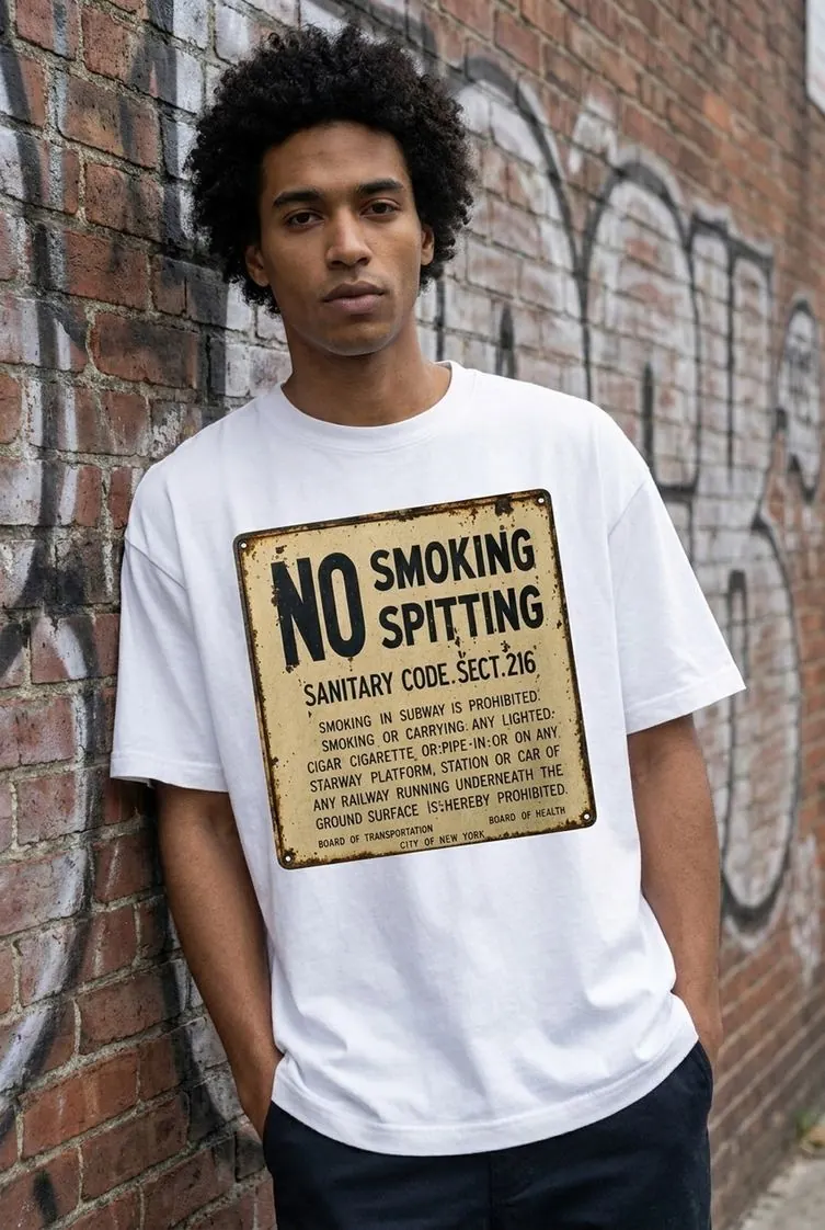 Sanitary Code tee on a model against an NYC brick wall