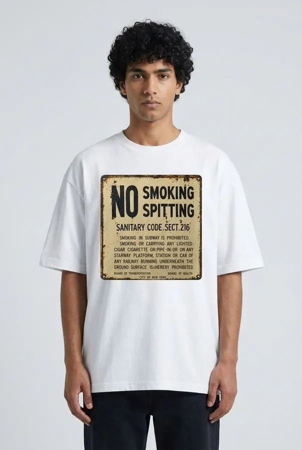 FLYLYFE Sanitary Code limited-edition tee — vintage NYC No Smoking Spitting Sect. 216 sign on the chest, worn on a model