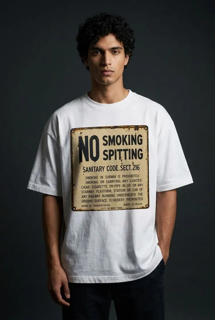 Sanitary Code tee — studio editorial, vintage NYC sign on the chest