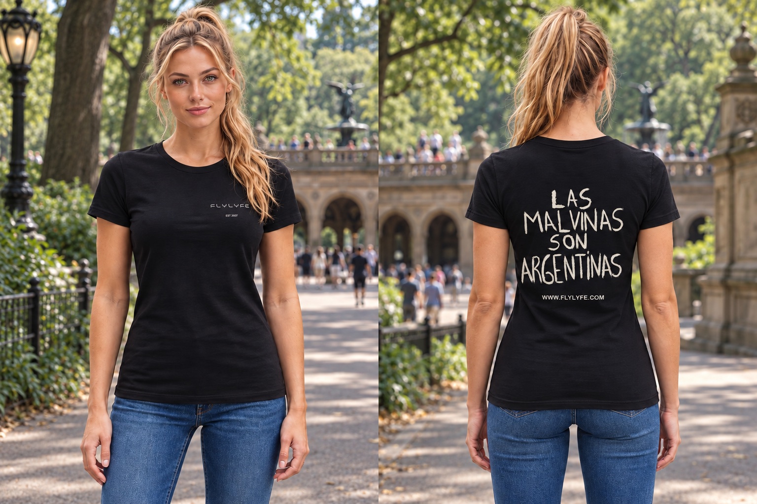 Las Malvinas — Women’s Fitted, Black back on model