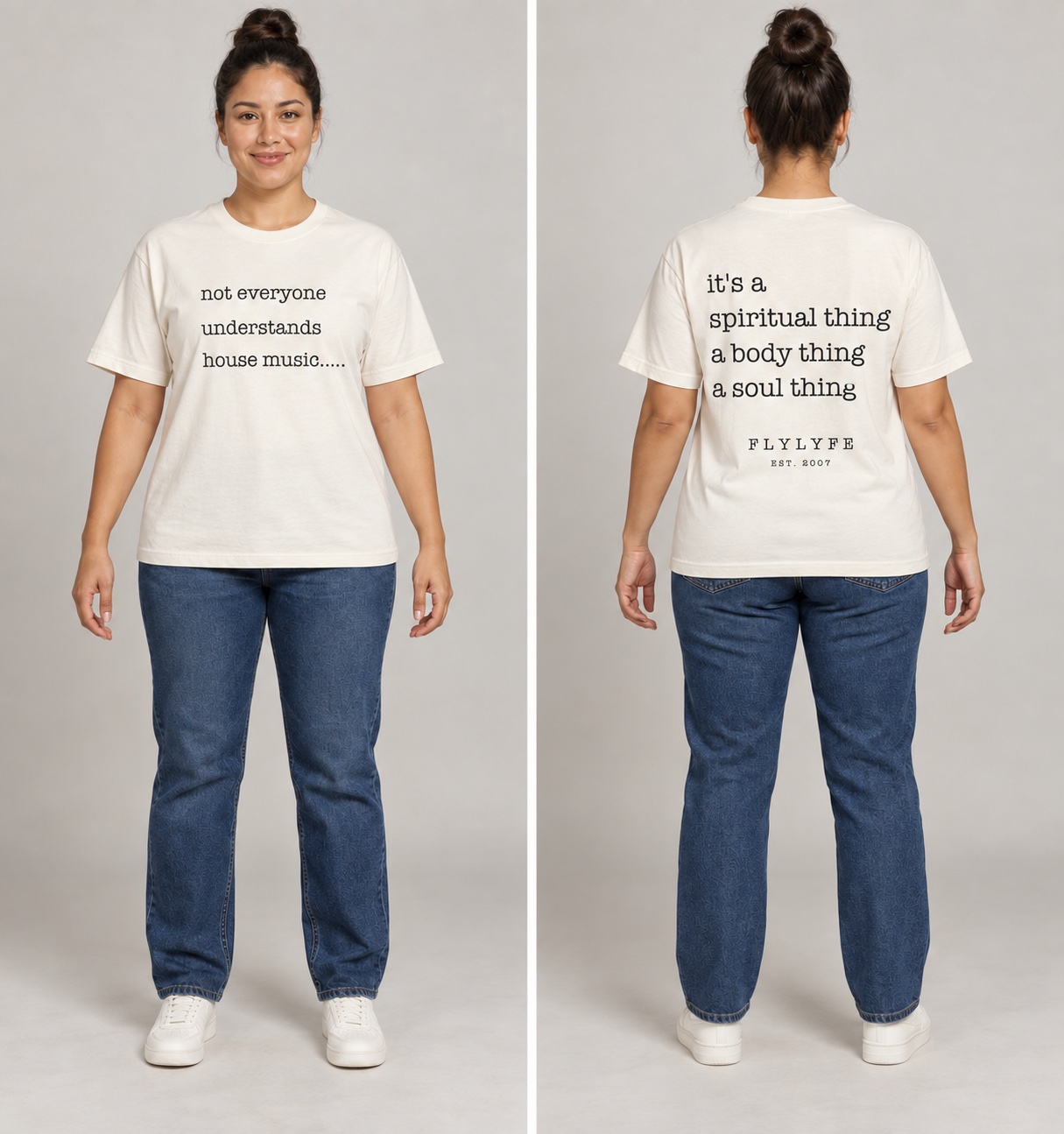 The House Music Tee, Relaxed · Ivory, female model front and back styling preview