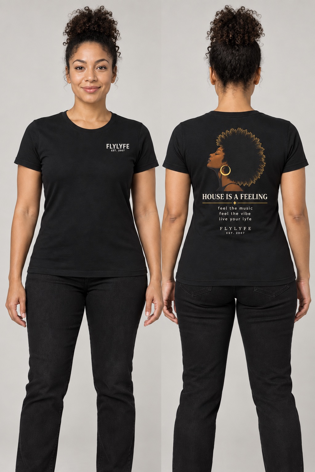 The Soul Tee, Fitted · Black, female model front and back styling preview